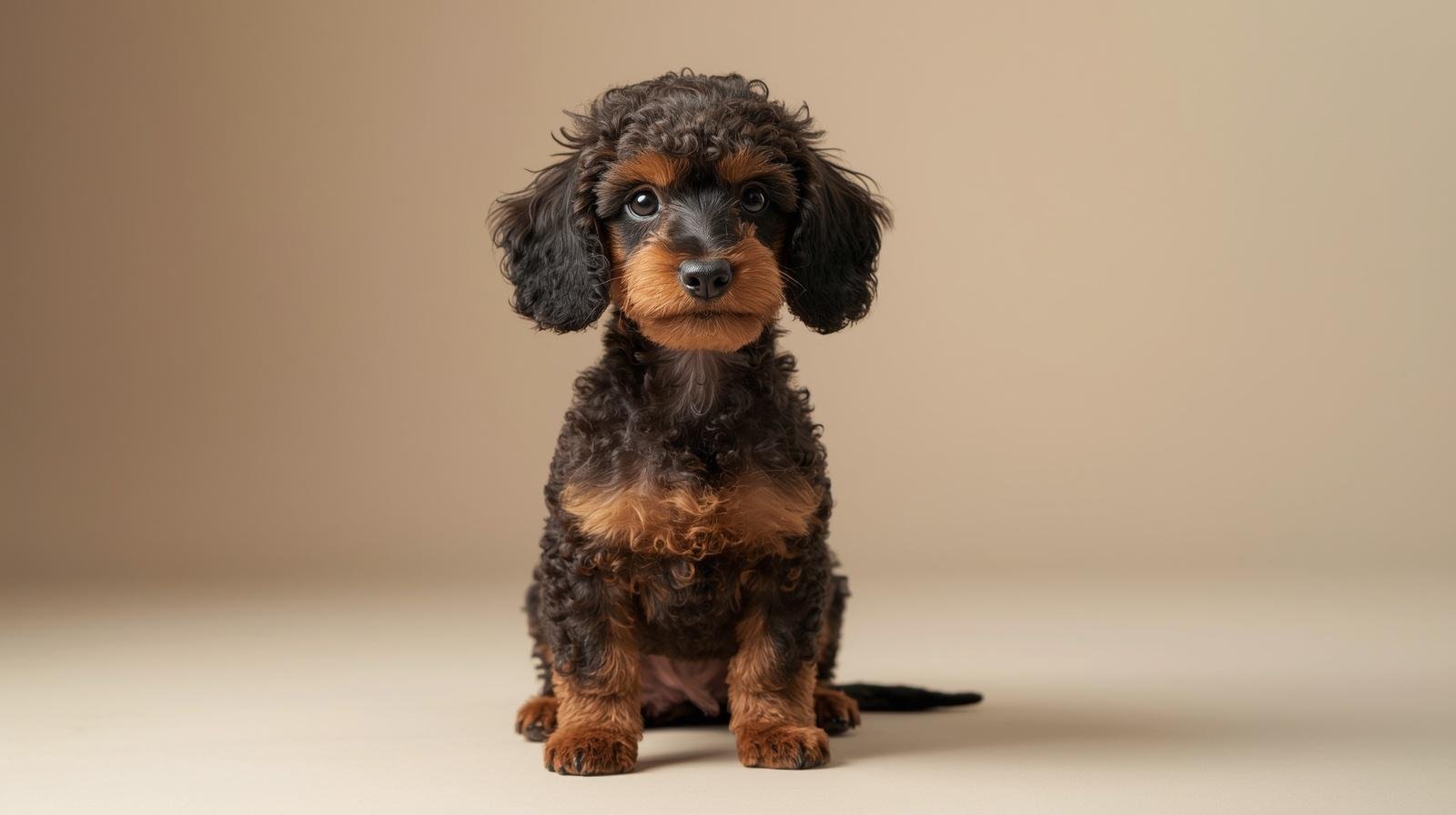 Small curly black and tan puppy sitting upright against a beige studio background