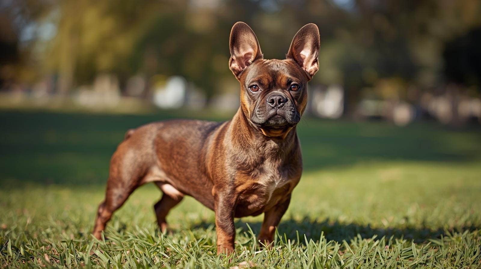 Brindle-brown short-coated dog with upright bat-like ears and a stocky frame standing on grass