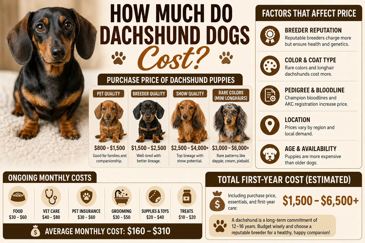 Infographic titled How Much Do Dachshund Dogs Cost, with a black-and-tan dachshund, puppy price tiers and monthly cost icons