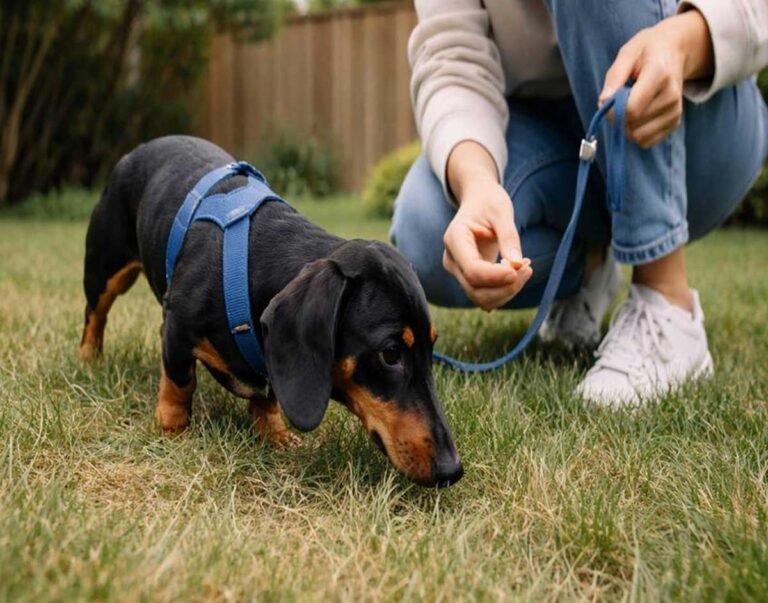 Black and tan dachshund puppy on a blue lead sniffing the grass while its owner crouches beside it holding a treat ready to reward