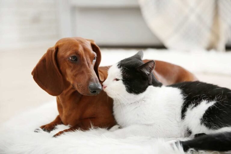 Red smooth dachshund lying nose to nose with a black and white cat on a white rug