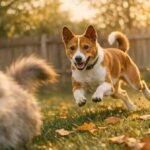 Tan and white dog with upright ears leaping across an autumn lawn toward a blurred long-haired grey cat in the foreground