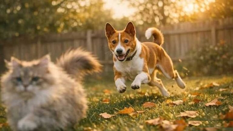 Tan and white dog with upright ears leaping across an autumn lawn toward a blurred long-haired grey cat in the foreground