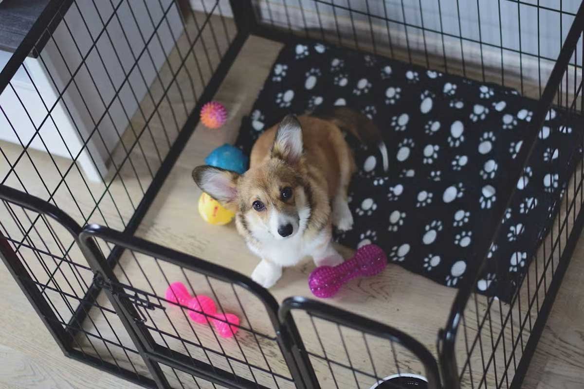 Young corgi lying on a paw-print mat inside a wire playpen with toys