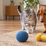 A silver tabby cat and a dachshund focus on blue and yellow toys while a red ball sits on the wood floor