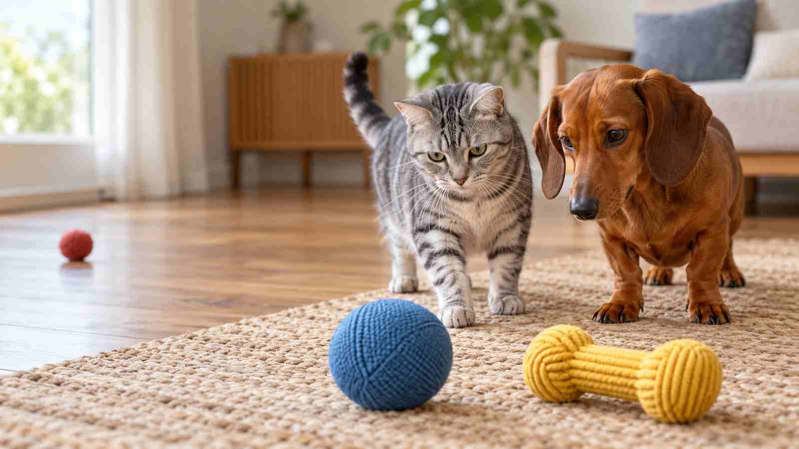 A silver tabby cat and a dachshund focus on blue and yellow toys while a red ball sits on the wood floor