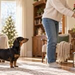 A person moving a potted poinsettia onto a high mantel while a black and tan dachshund watches from the floor
