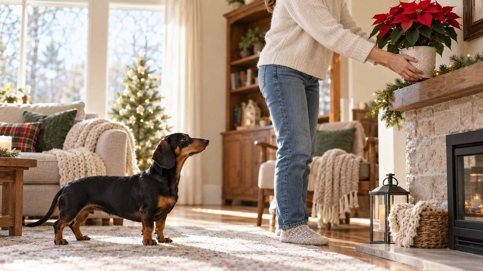 A person moving a potted poinsettia onto a high mantel while a black and tan dachshund watches from the floor