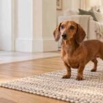 A dachshund stands on a textured rug where hardwood and tile floors meet