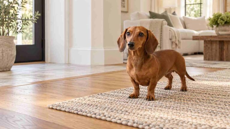 A dachshund stands on a textured rug where hardwood and tile floors meet