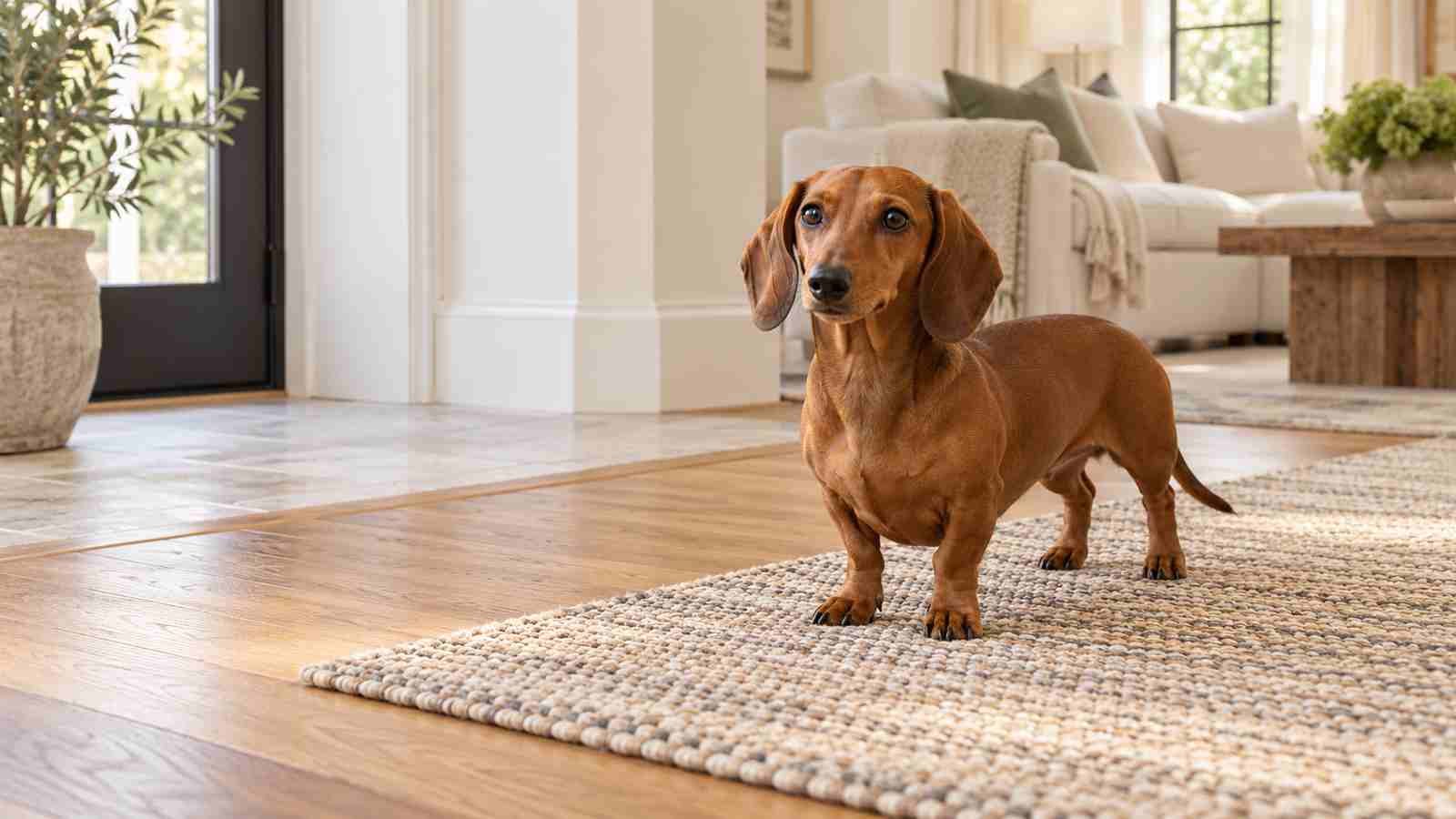 A dachshund stands on a textured rug where hardwood and tile floors meet