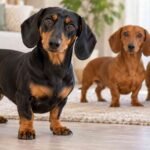 A black and tan dachshund stands in front of two red dachshunds