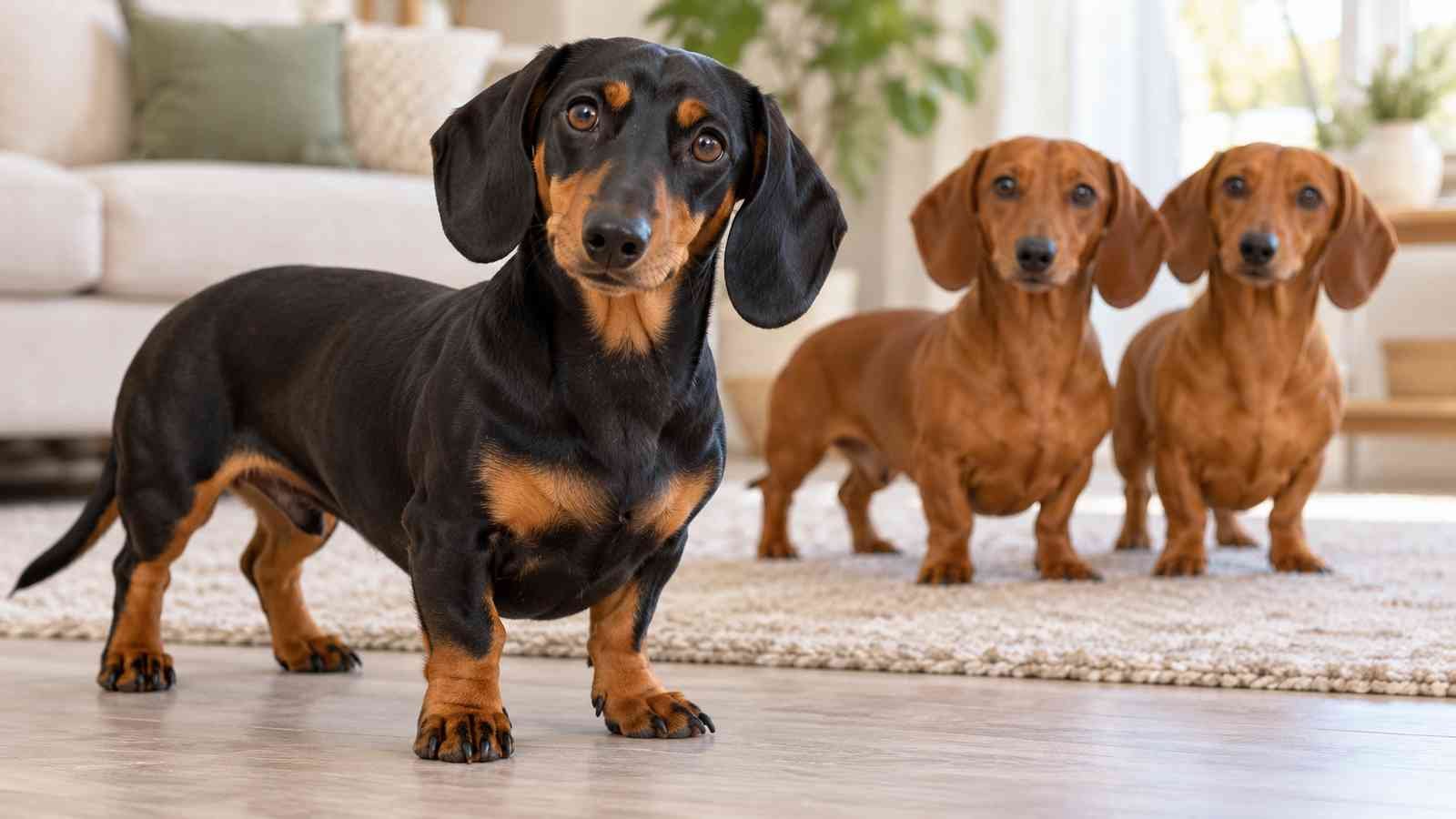 A black and tan dachshund stands in front of two red dachshunds