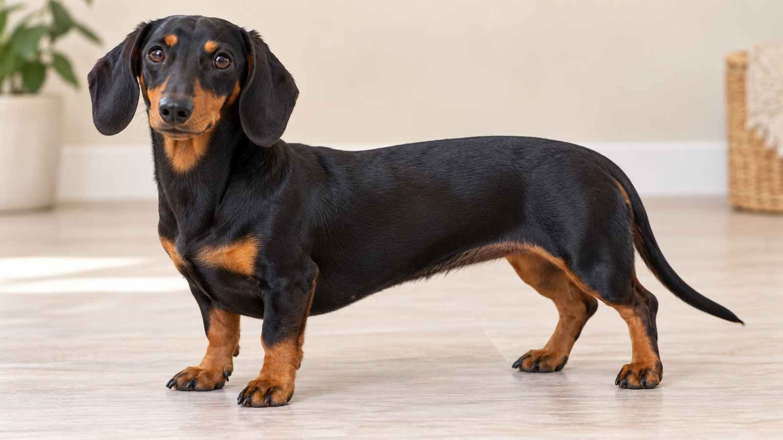 A black and tan dachshund showing tan eyebrows, muzzle, chest, lower legs and paws