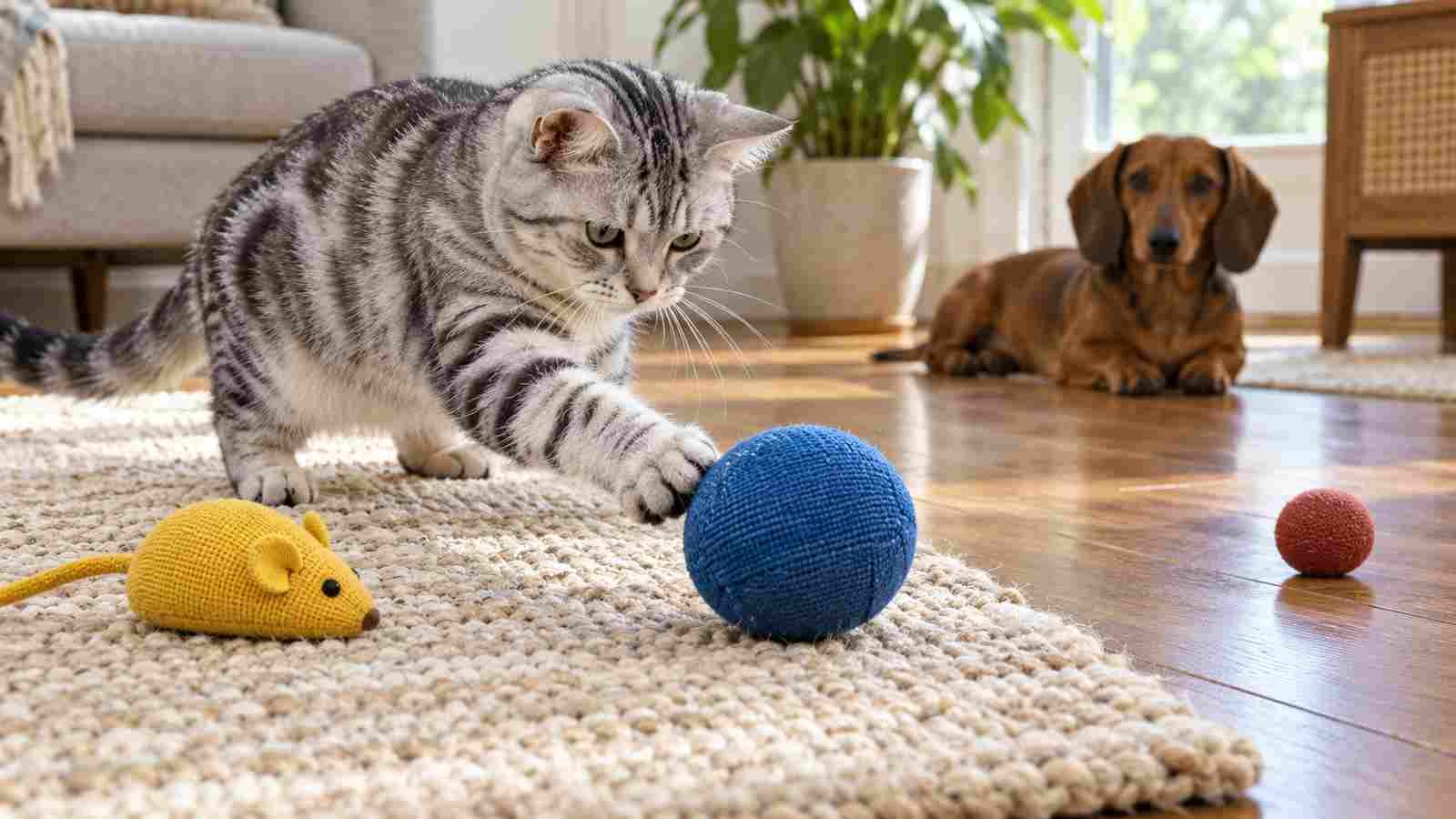 A cat reaches for a blue ball beside a yellow toy while a red ball blends into the wood floor
