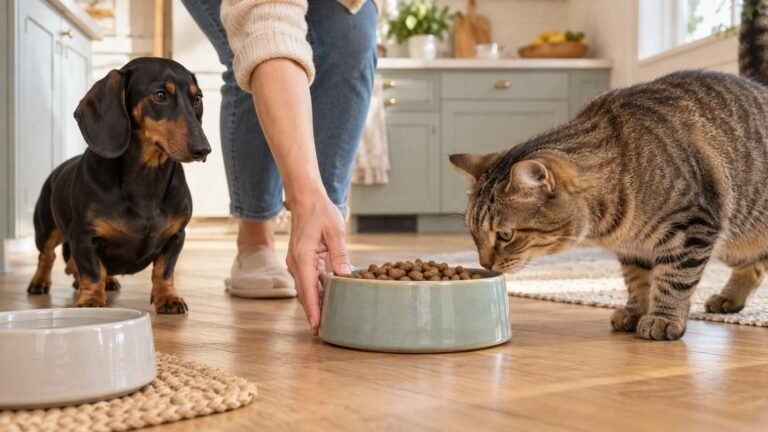 A tabby cat sniffing a bowl of dog food as a person moves it away and a dachshund waits nearby