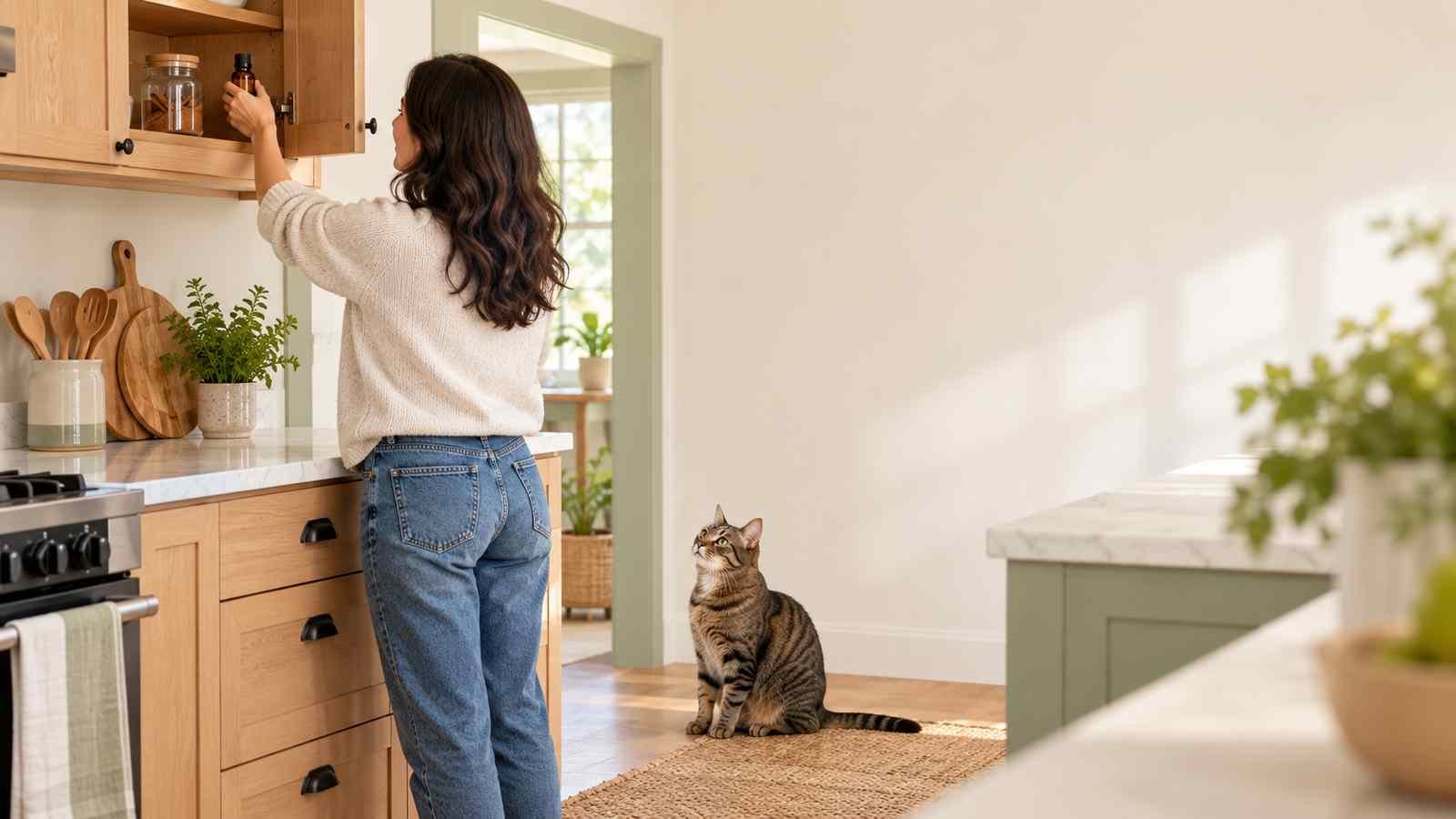 A cat watches from the floor as its owner stores cinnamon oil and spice in a high kitchen cabinet