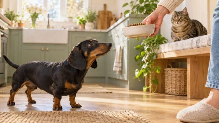 A person lifting a cat food bowl away from a curious black and tan dachshund while a tabby cat watches