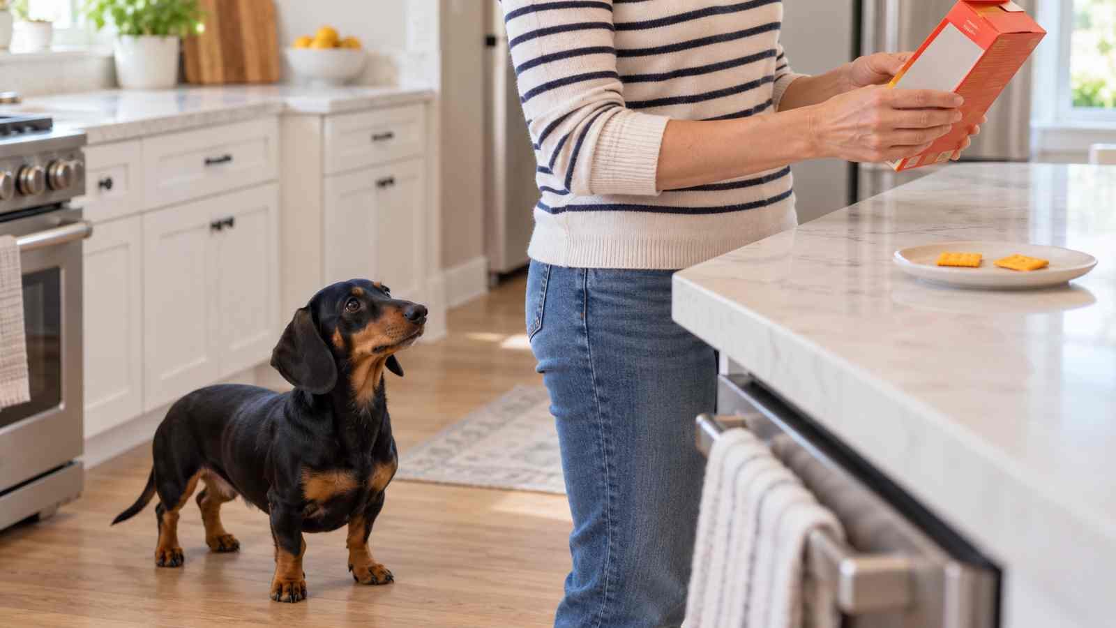 A dog owner reads a cheese-cracker ingredient label while a dachshund waits below the counter