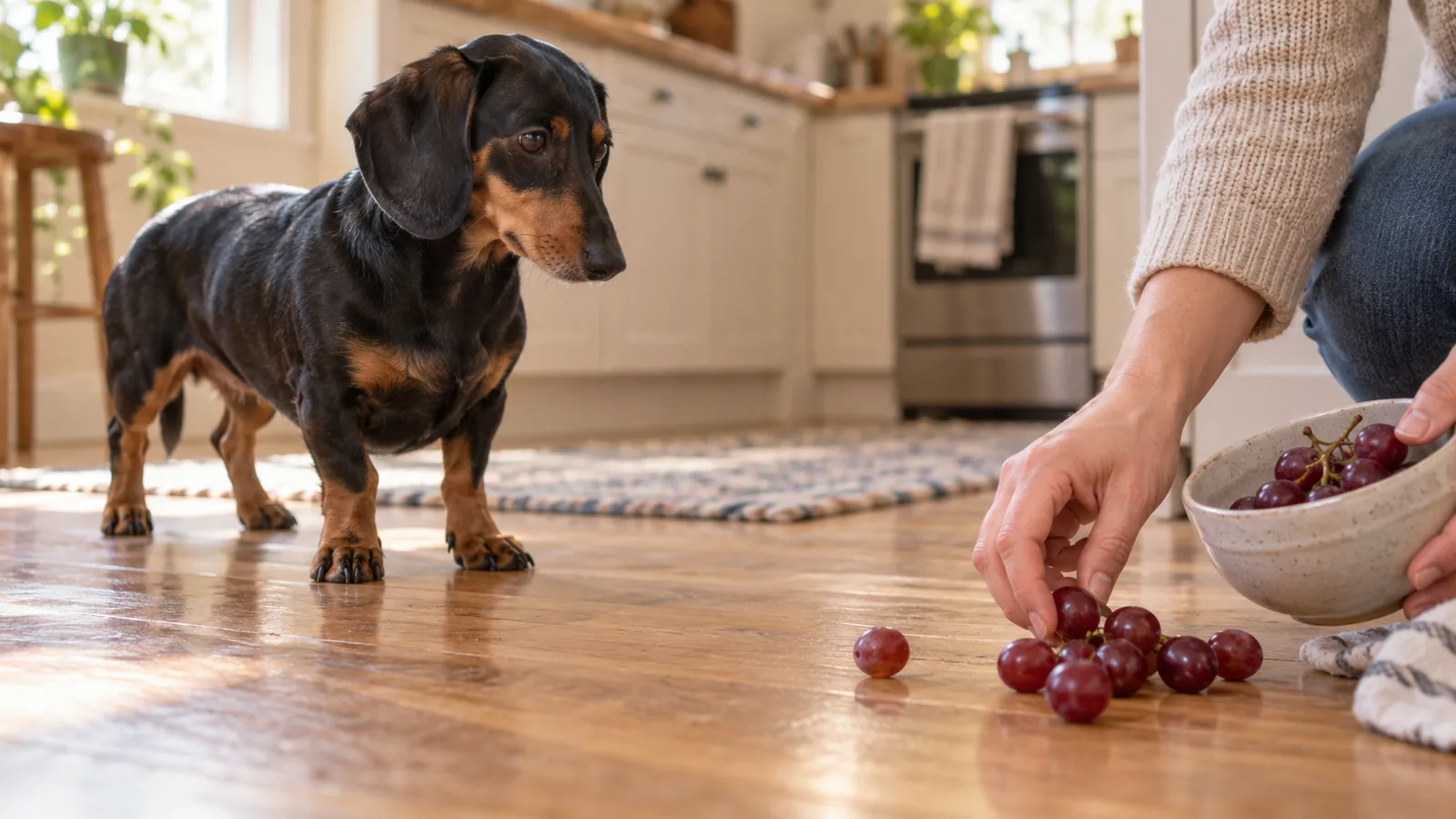 A person picking up red grapes from the floor before a black and tan dachshund can reach them