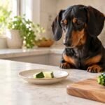 A dachshund waits beside a plate with two plain zucchini pieces and a whole zucchini on a cutting board