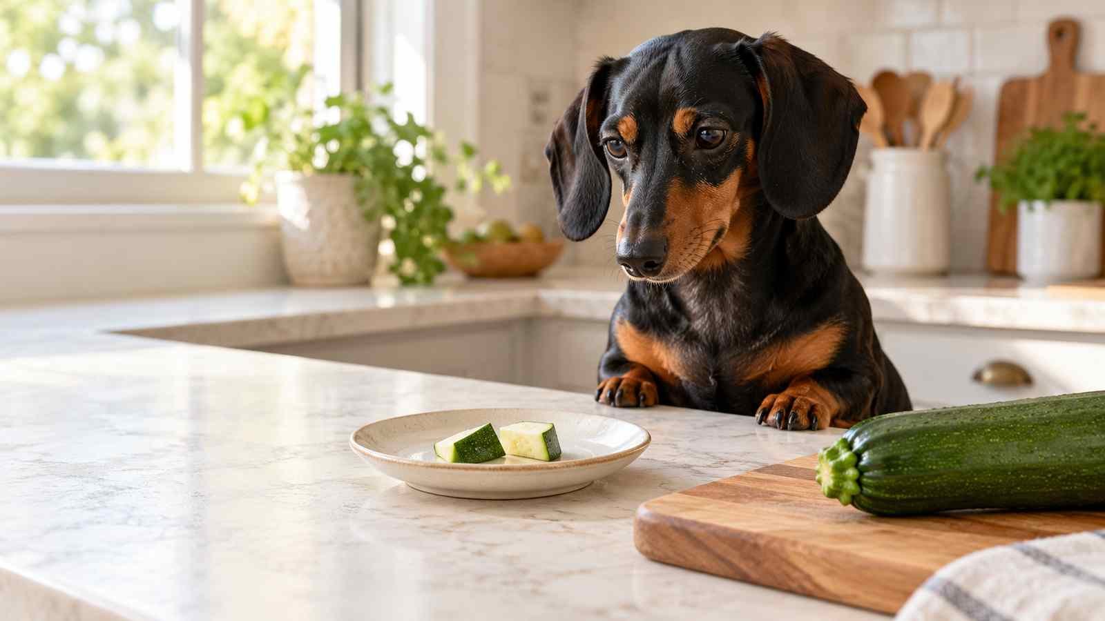 A dachshund waits beside a plate with two plain zucchini pieces and a whole zucchini on a cutting board