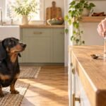 A person closing a cinnamon jar on a kitchen counter while a black and tan dachshund waits safely below