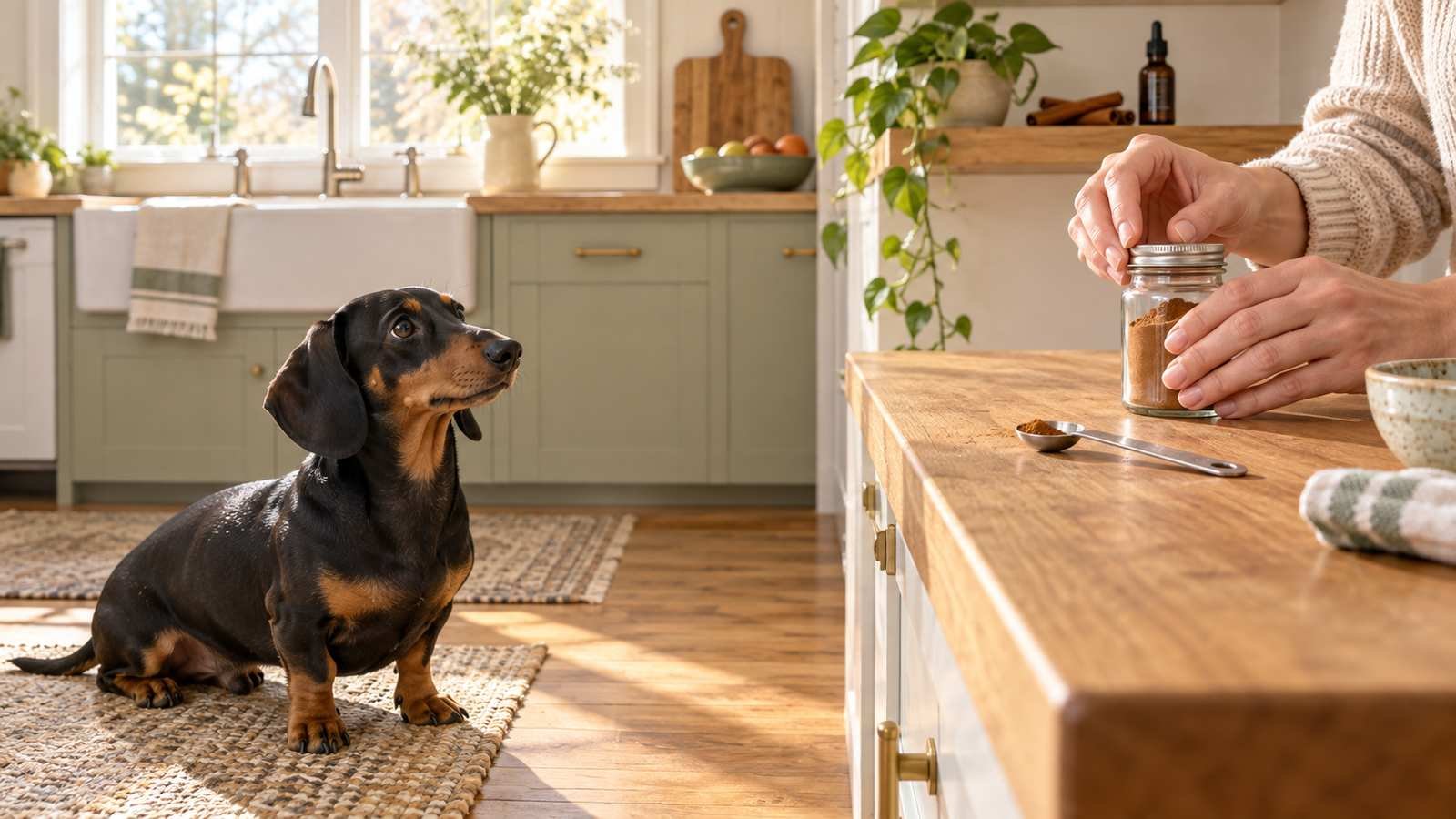 A person closing a cinnamon jar on a kitchen counter while a black and tan dachshund waits safely below