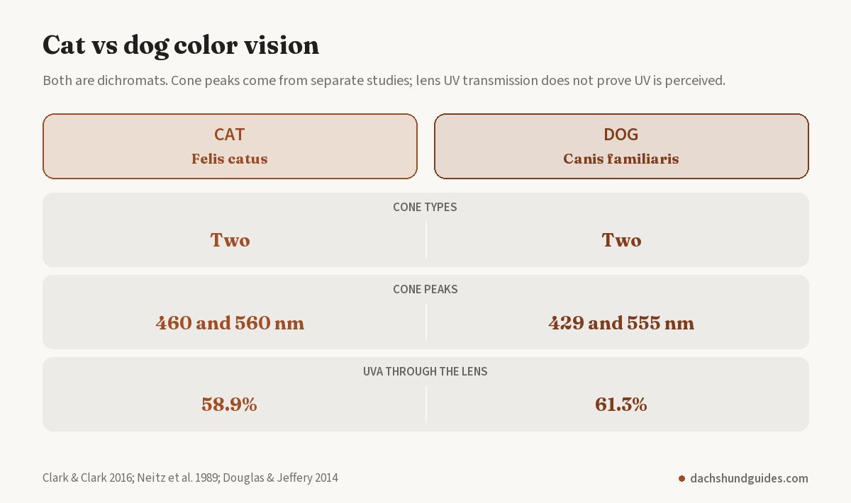 Cat vs dog color vision: both have two cone types, cat cones peak near 460 and 560 nm, dog cones near 429 and 555 nm, and their lenses pass 58.9% and 61.3% of UVA light