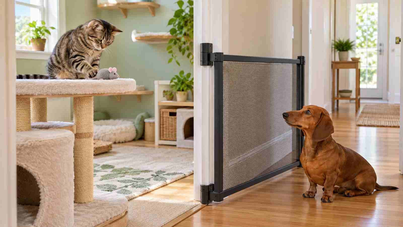 A cat plays with an intact toy behind a pet gate while a dachshund waits outside