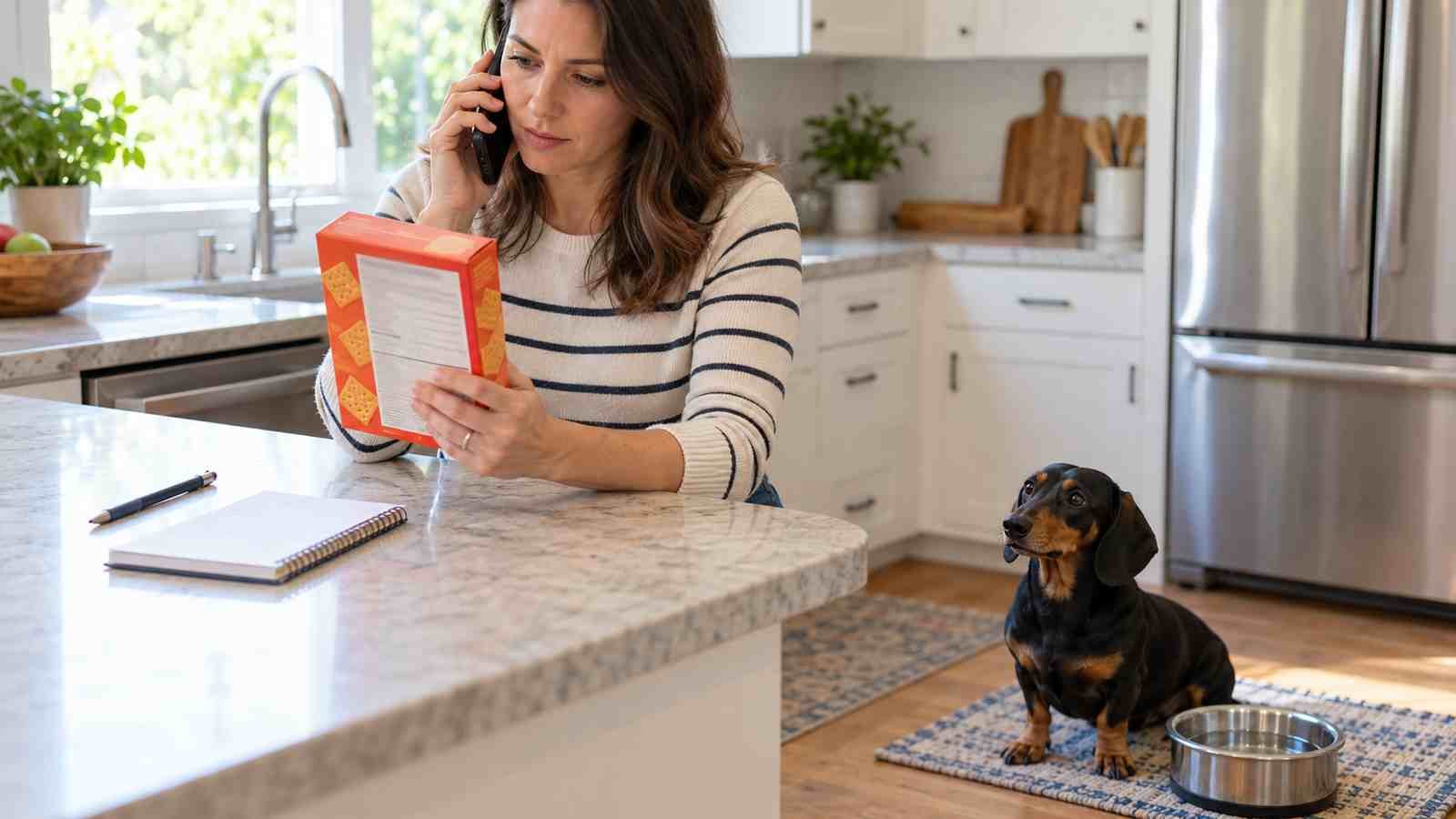 A dog owner checks a cheese-cracker ingredient panel while calling a veterinarian, with a dachshund beside fresh water