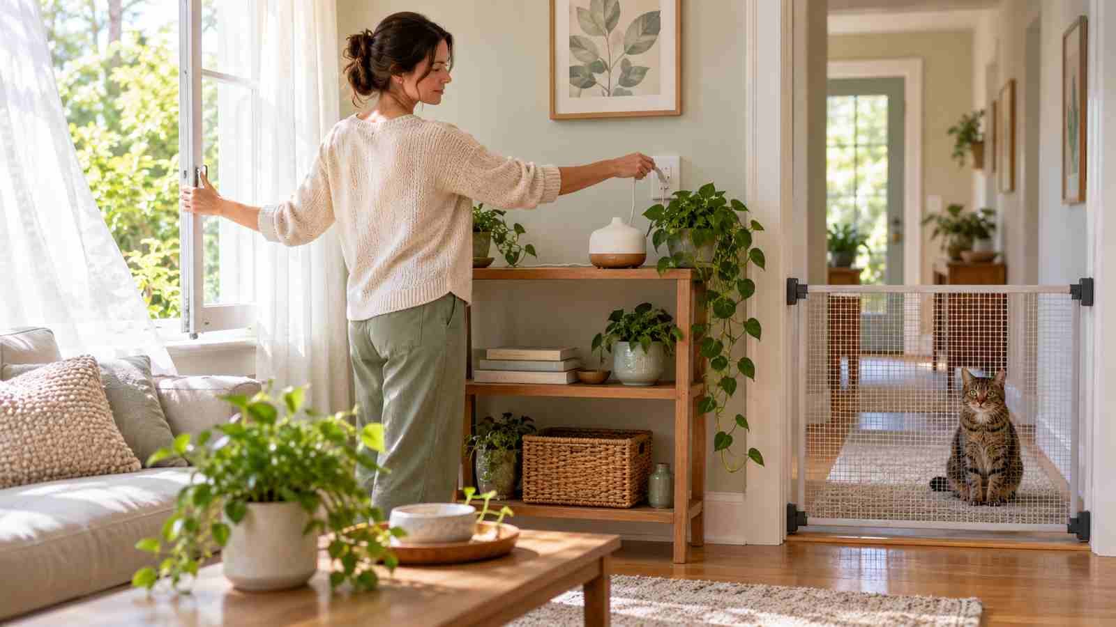 A cat waits behind a pet gate while its owner turns off a diffuser and opens a window