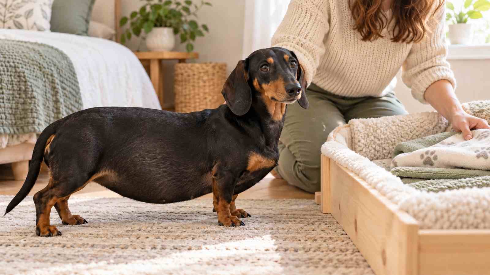 A pregnant black and tan dachshund stands beside a prepared bed while her owner arranges clean blankets