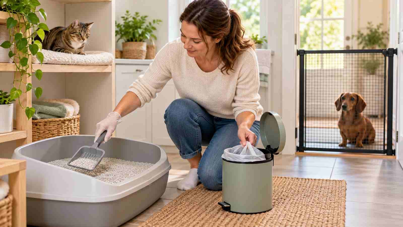 A person cleans a litter box while a dachshund waits behind a closed pet gate