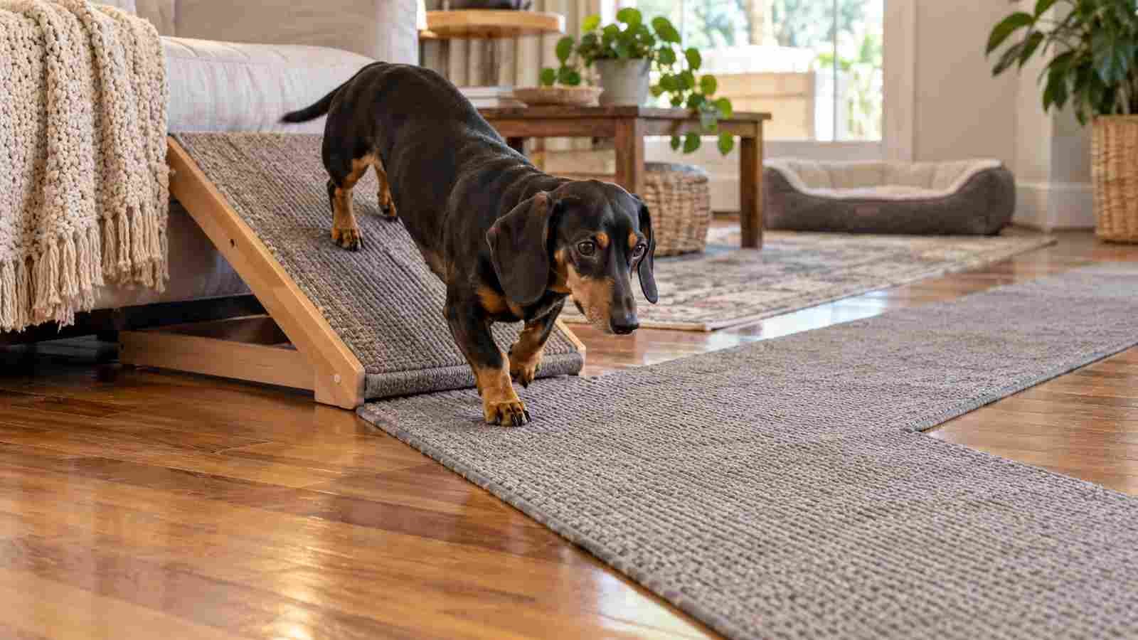 A dachshund uses a sofa ramp that lands on a non-slip runner over hardwood flooring
