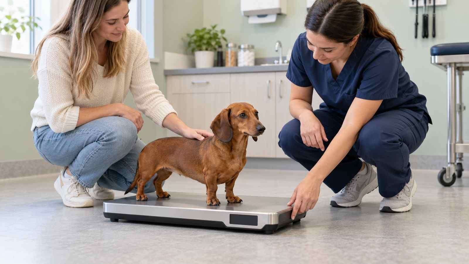 Dachshund standing on a veterinary scale while a vet checks the dog's weight
