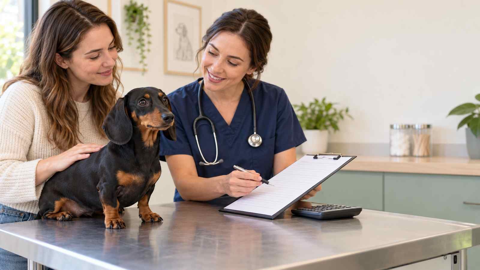 A dachshund owner discusses a spay cost estimate with a veterinarian during a clinic visit
