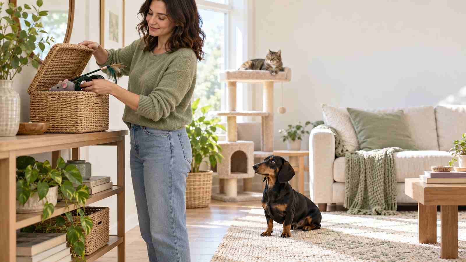A dog owner stores catnip toys and a wand toy in a closed basket while a dachshund waits below