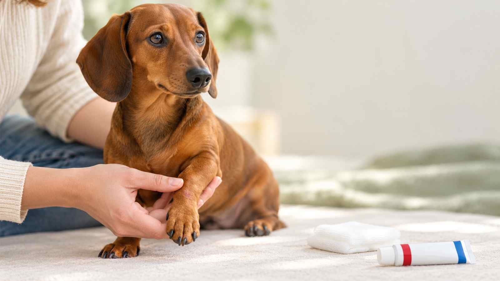Dachshund with a small scrape on its front leg beside gauze and a capped ointment tube