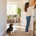 A dog owner stores a sealed bottle of peppermint oil in a high cabinet while a dachshund waits below