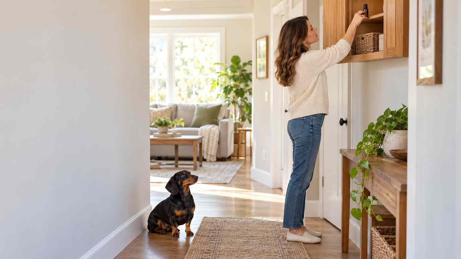 A dog owner stores a sealed bottle of peppermint oil in a high cabinet while a dachshund waits below