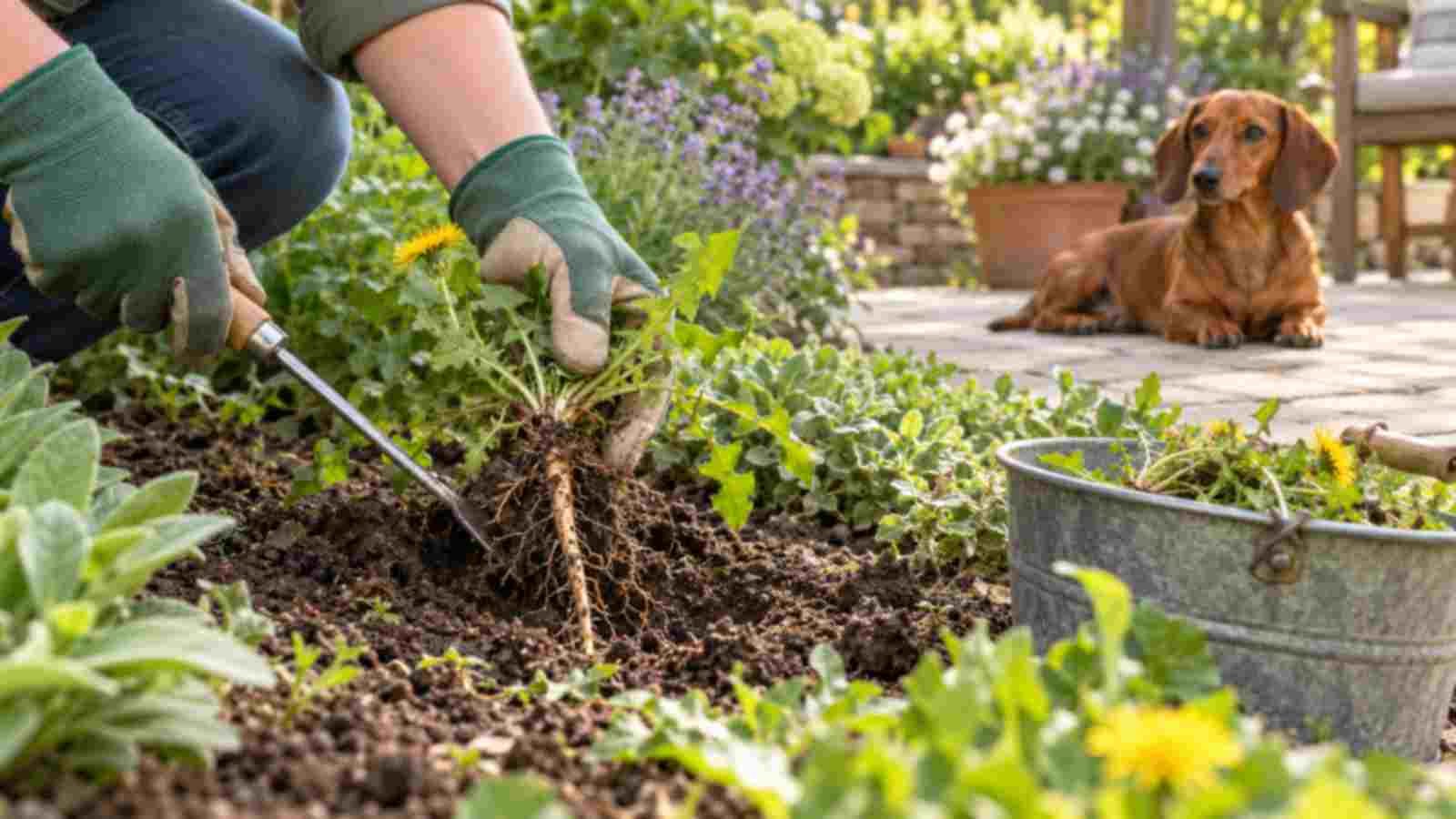 A gardener removes a dandelion by hand while a dachshund rests on the patio