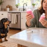A dog owner compares two unbranded bottles of pink medicine while calling a veterinarian and a dachshund waits nearby