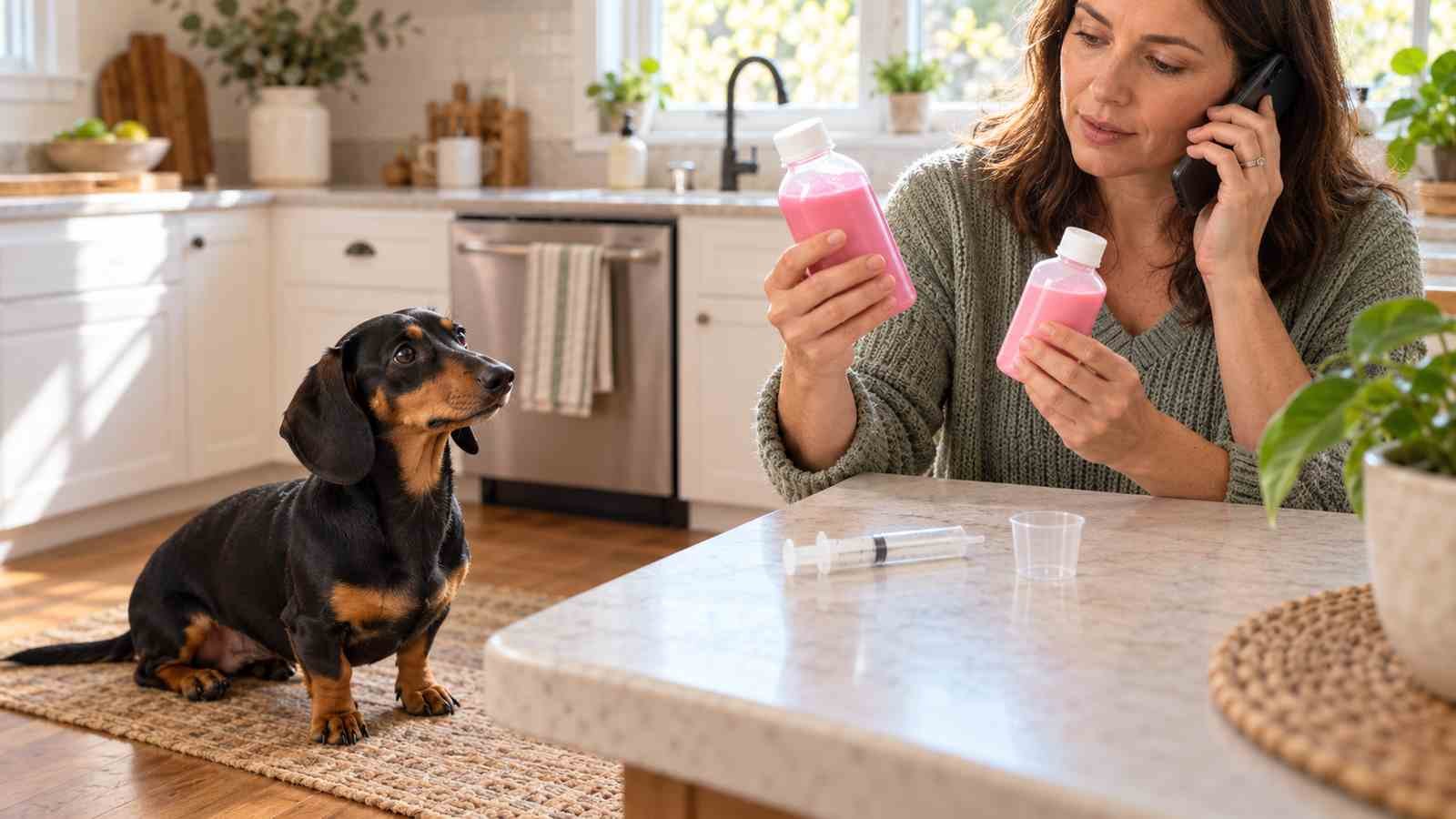 A dog owner compares two unbranded bottles of pink medicine while calling a veterinarian and a dachshund waits nearby