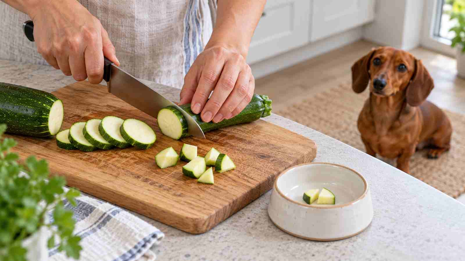 Plain zucchini being cut into small bite-size pieces while a dachshund waits away from the counter