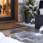 A dachshund waits indoors while a person spreads ice melt on an icy path and stores the sealed bag in a lidded bin