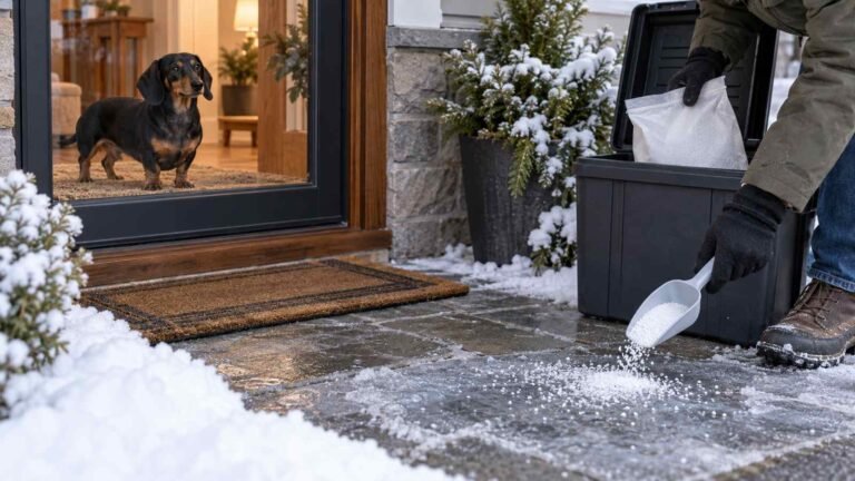 A dachshund waits indoors while a person spreads ice melt on an icy path and stores the sealed bag in a lidded bin