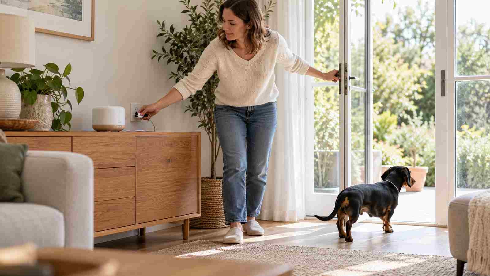 A dog owner turns off a diffuser and opens a door while a dachshund moves into fresh air