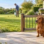 A dachshund waits behind a closed garden gate while a lawn is spot-treated for weeds