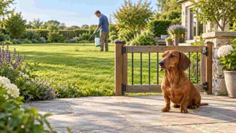 A dachshund waits behind a closed garden gate while a lawn is spot-treated for weeds